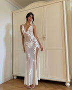 V-Neck Lace Stitching Sleeveless Waist Cutout Lace Dress