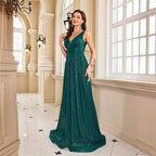 Women's V-Neck Sequin Backless A-Line Maxi Dress