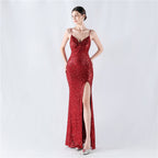 Encryption Sequin Sexy High Fork Strap Evening Dress