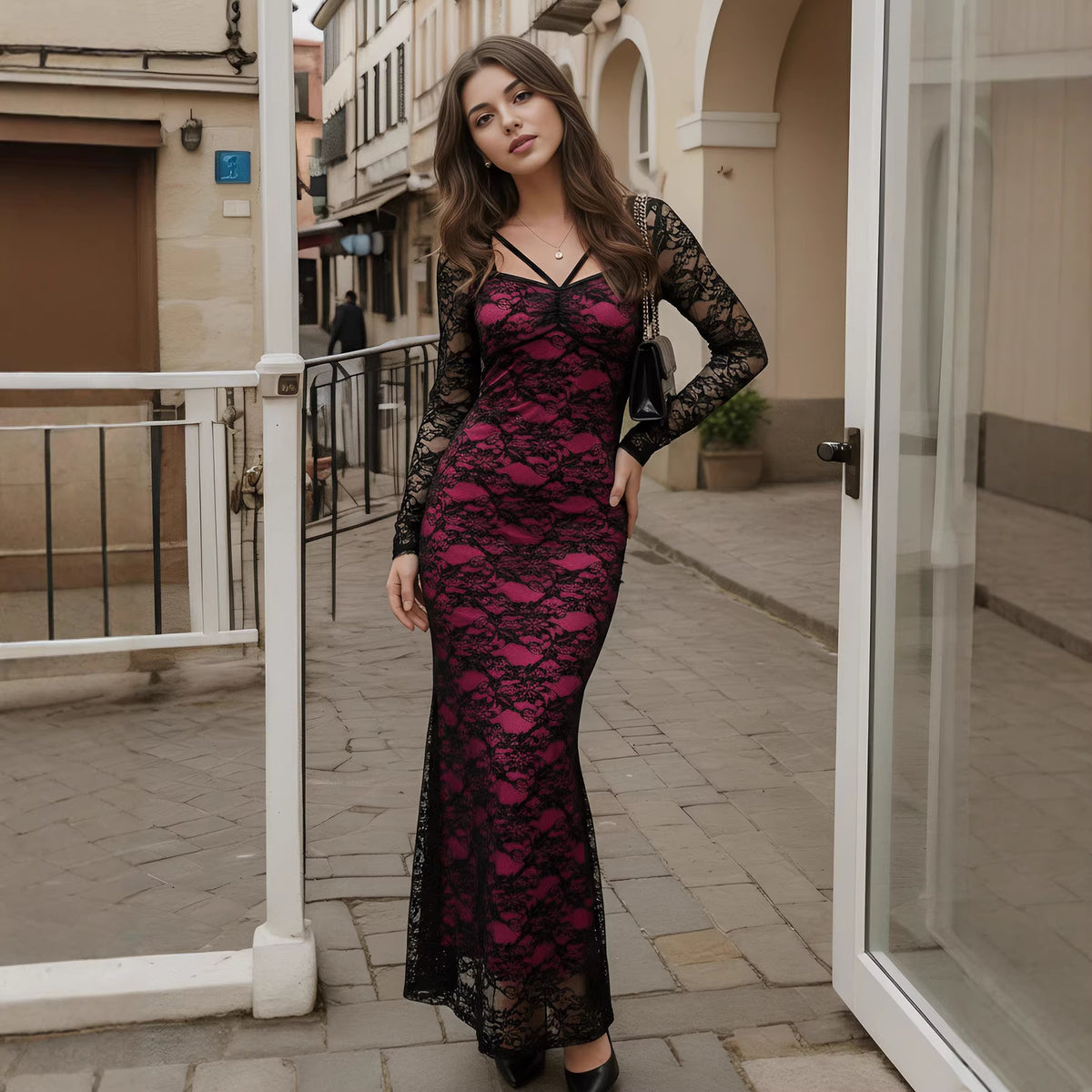 Women's Floral Lace Long Sleeve Bodycon Maxi Dress