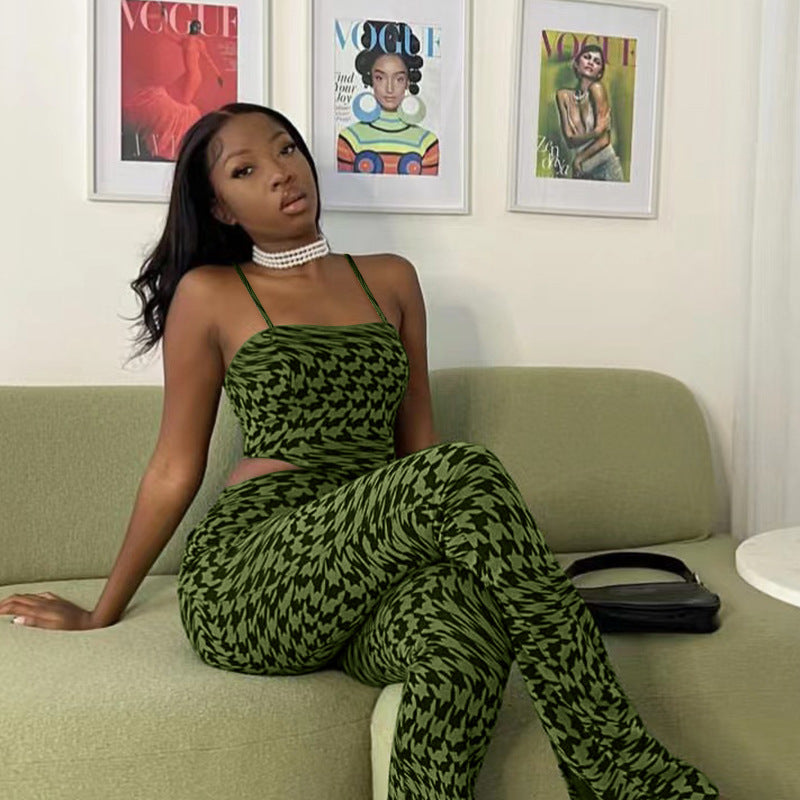 Suit Green Printing Vest Wide Leg Pants Casual Two-Piece Set