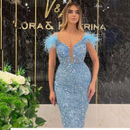 Women's Feather Sequin Deep V Bodycon Midi Dress