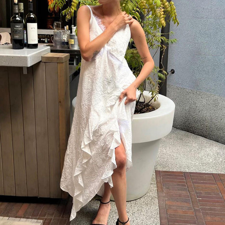 Women's Ivory Backless Lace Asymmetric Cami Dress