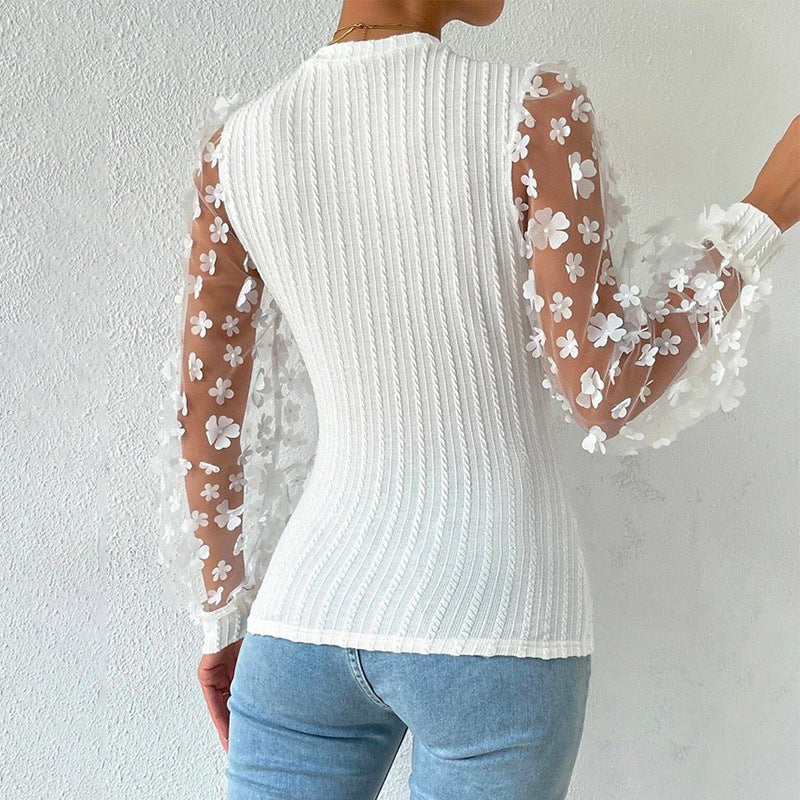 Women's Women Mesh Small Floral Chiffon Shirt Women Spring Summer Round Neck Slimming Pullover Long Sleeve Top