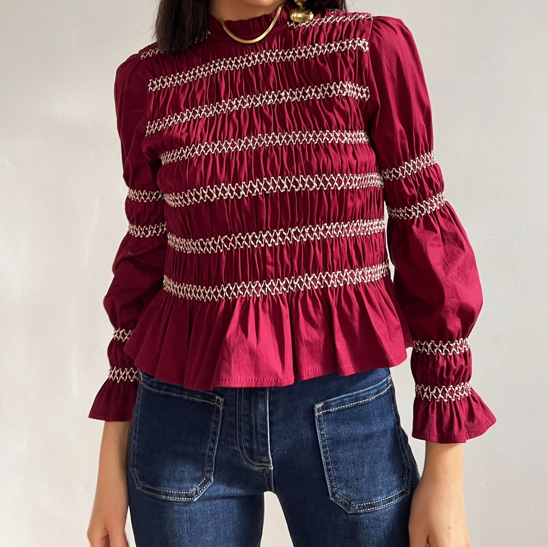 Striped Mock Neck Smocked Long Sleeve Top
