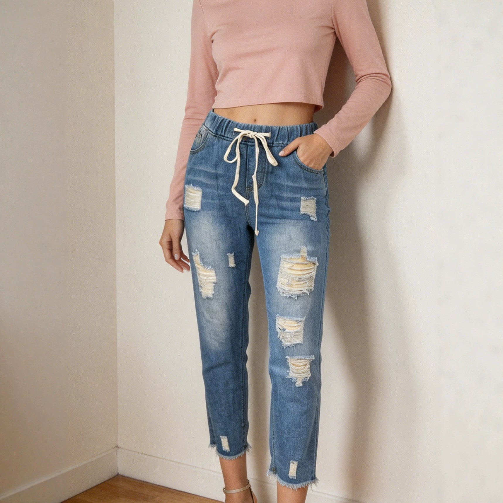 Ripped Drawstring EW Design Comfortable Women Denim