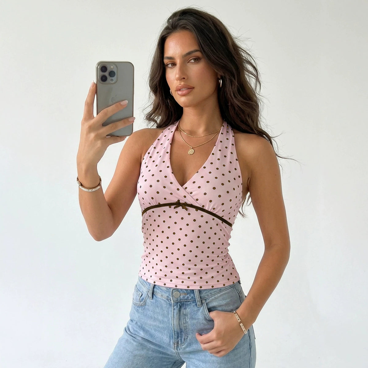Women's Polka-Dot Pleated Halter Top