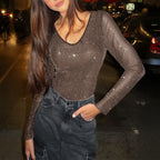 Women’s Brown Rhinestone V Neck Knit Top