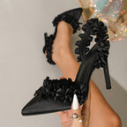 Women's Satin Lace Petal Stiletto Heel Hollowed Pointed Toe High Heels Pumps