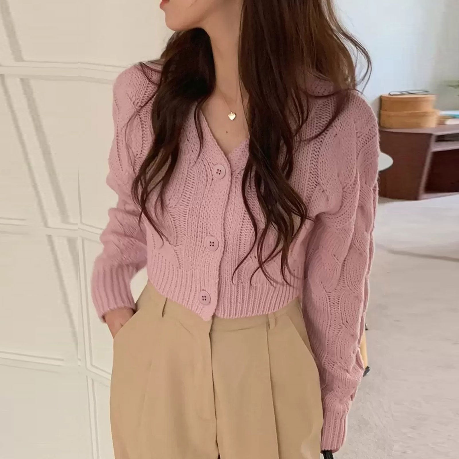 Women's Pink V-Neck Knit Cardigan