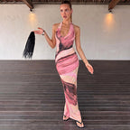 Women’s halter maxi dress in pink, rose, and cream abstract wave print
