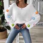 Women Hand Crocheting Floral Patchwork Top Women Clothing Simple Loose off Shoulder off the Shoulder Flared Sleeves Sweater