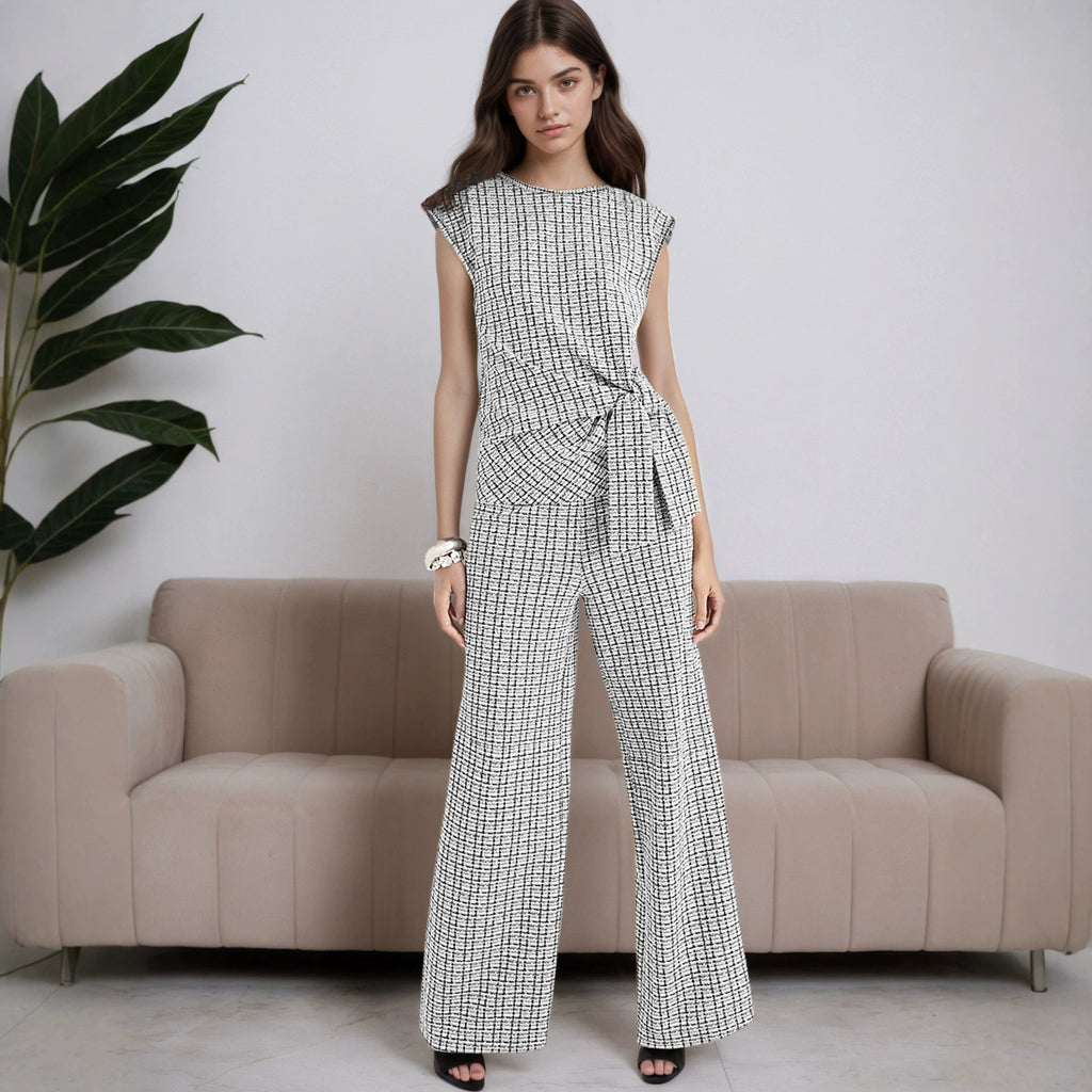 Women's Plaid Sleeveless Top and Wide-Leg Pants Set