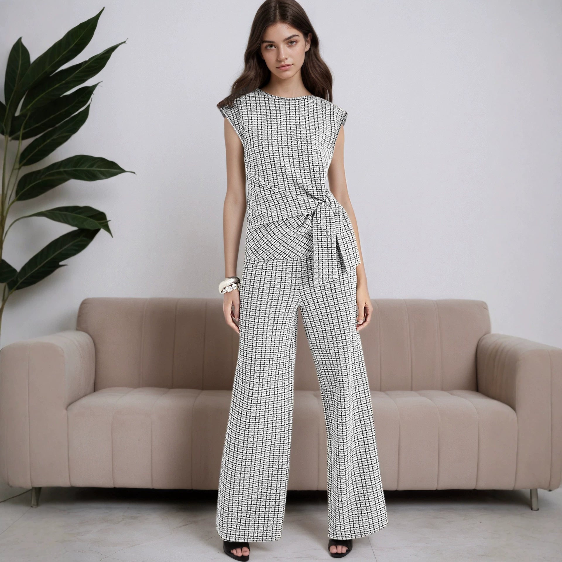 Women's Plaid Sleeveless Top and Wide-Leg Pants Set