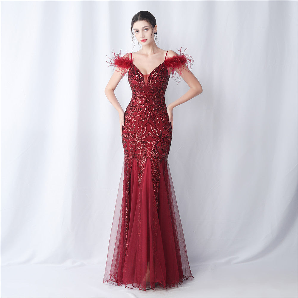 Women's Ostrich Feather Mesh Floral Sequin Wedding Evening Dress