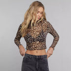 Leopard Mesh Stand Collar Long Sleeve Top