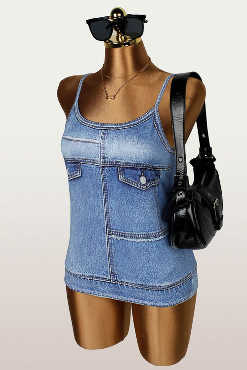 Blue denim-look sleeveless mini tank with front patch pockets and scoop neckline