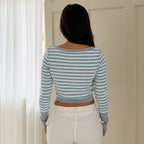 French Casual Striped Contrast Color Round Neck Breasted Waist Controlled