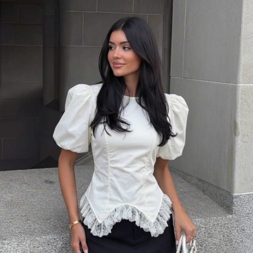 Women’s white fitted top with puff sleeves and scalloped lace irregular hem