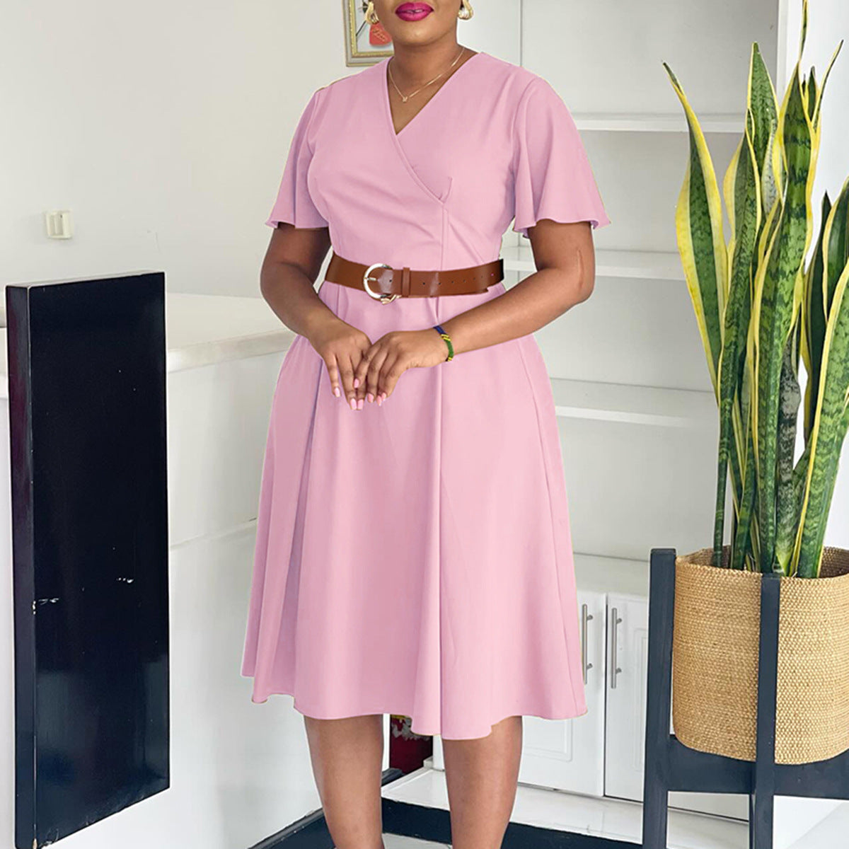 Women's Belted V-Neck Flutter-Sleeve Dress