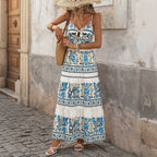 Blue and white floral tiered maxi dress with spaghetti straps, backless V shape