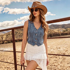 Retro Denim SL Top V neck Single Breasted Tight Waist Slim