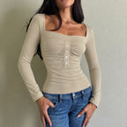 Square-Neck Pleated Long-Sleeve Top