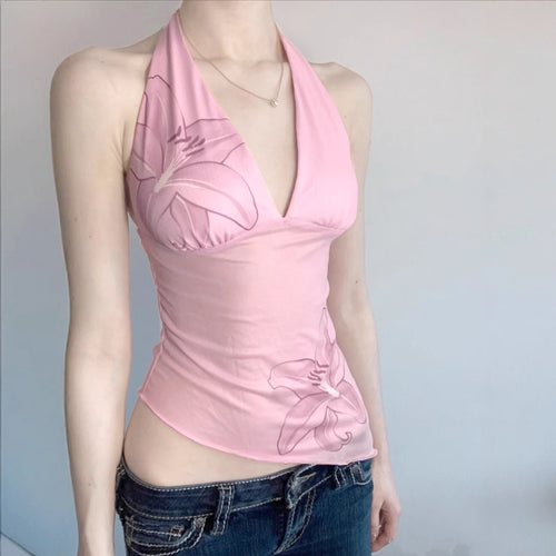 Sexy Deep V Plunge Halter Floral Printed Mesh Hollow Out Cutout Backless Slimming Slim Fit Camisole Vest