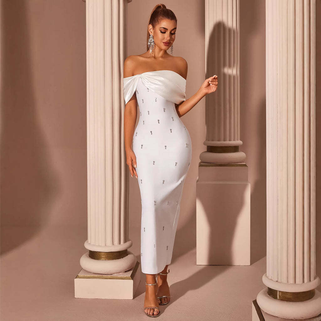 Women's White Off-Shoulder Rhinestone Evening Dress