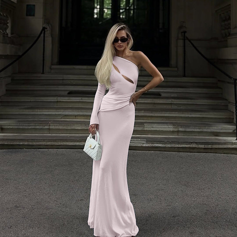 One-Shoulder Cutout Ruched Bodycon Maxi Dress