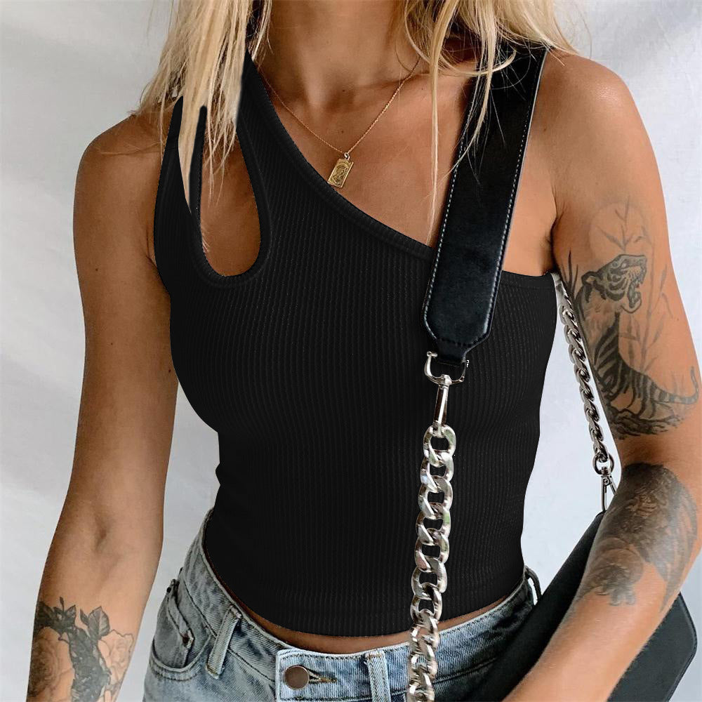 Popular Top Solid Color Sexy Oblique Shoulder Strap All-Match Vest Women Clothing