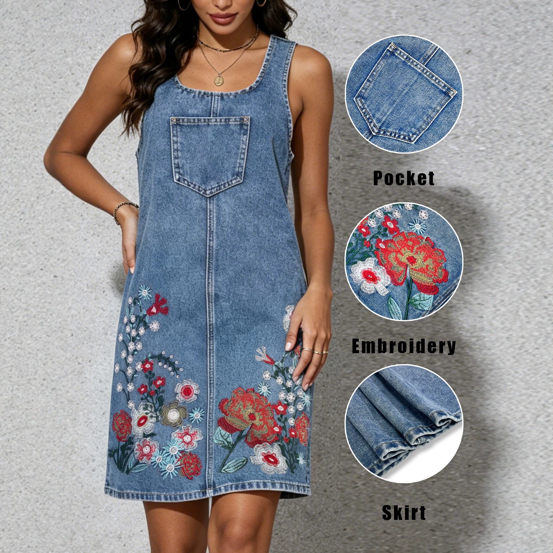 Blue denim sleeveless sling dress with front pocket and colorful floral embroidery
