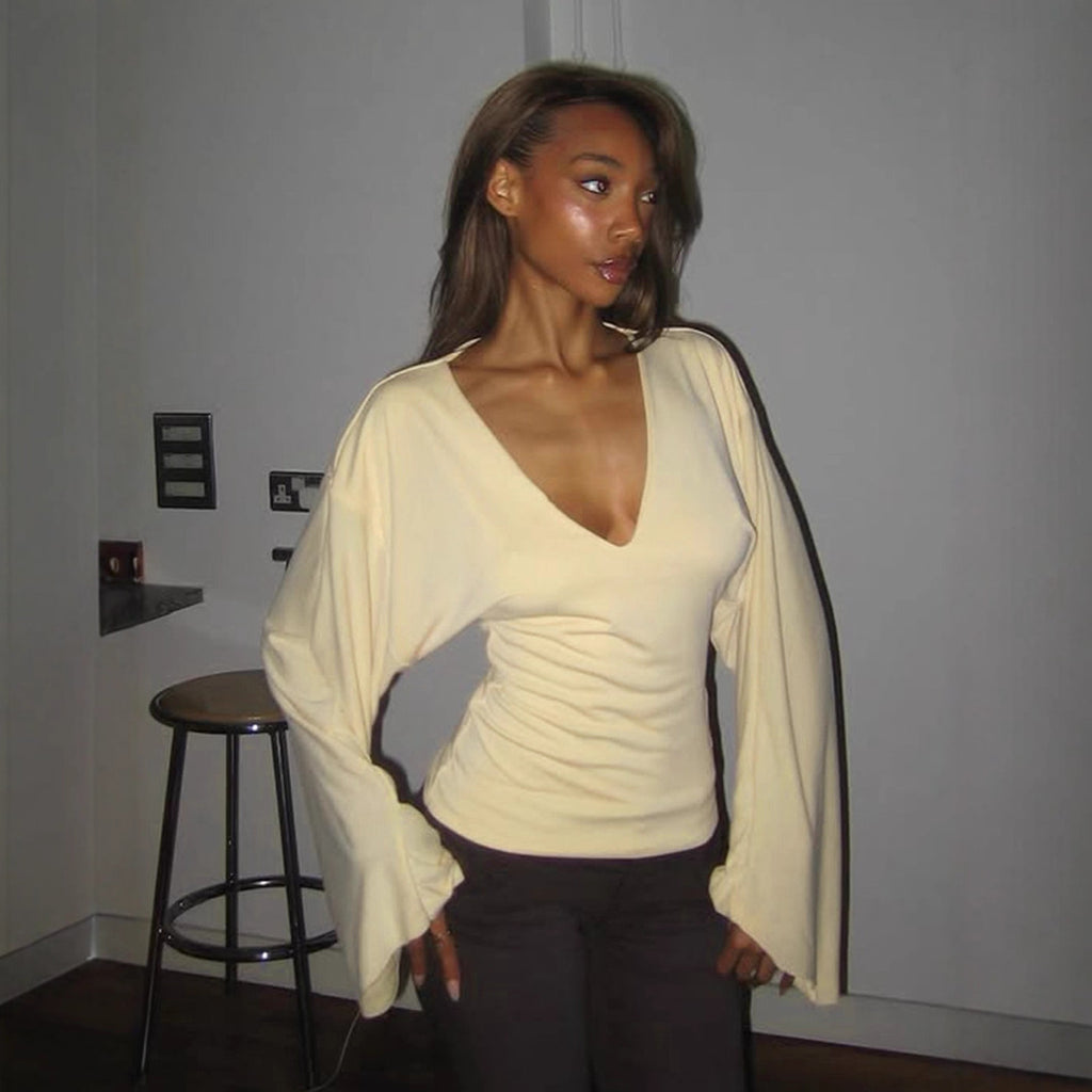Women's Fall Solid Color Simple V Neck Batwing Long Sleeve Slim Fitting Loose Pullover Casual T Shirt For Women