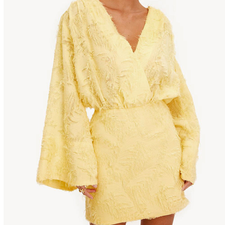 V-Neck Jacquard Long Sleeve Mini Dress