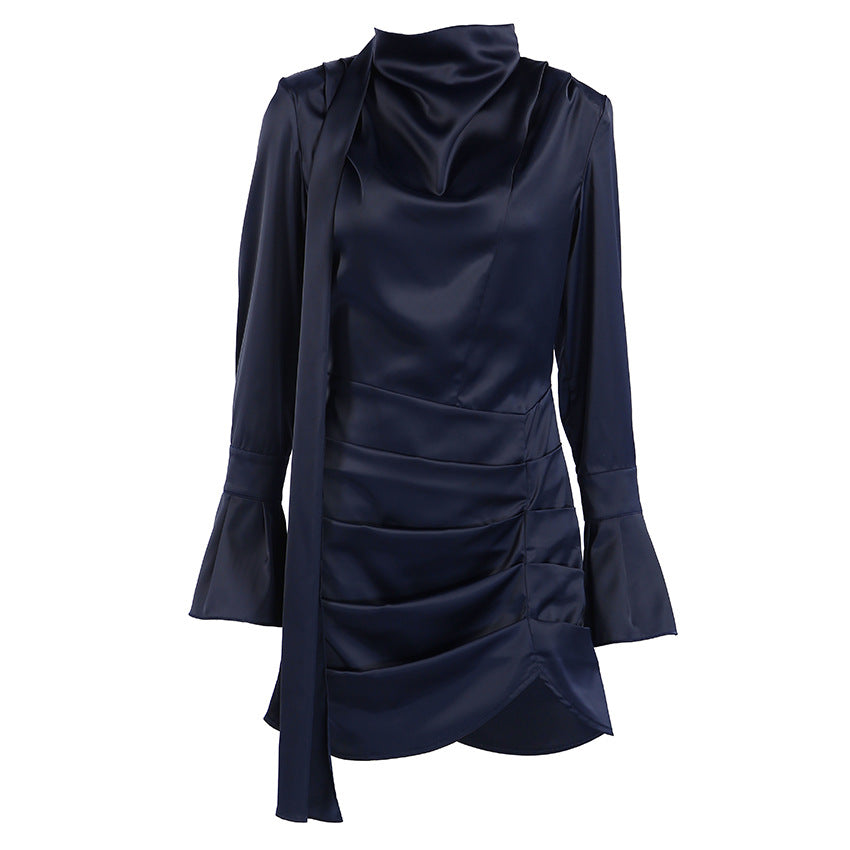 Autumn Winter Irregular Asymmetric Navy Blue Long-Sleeved Dress Women