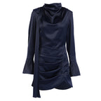 Autumn Winter Irregular Asymmetric Navy Blue Long-Sleeved Dress Women