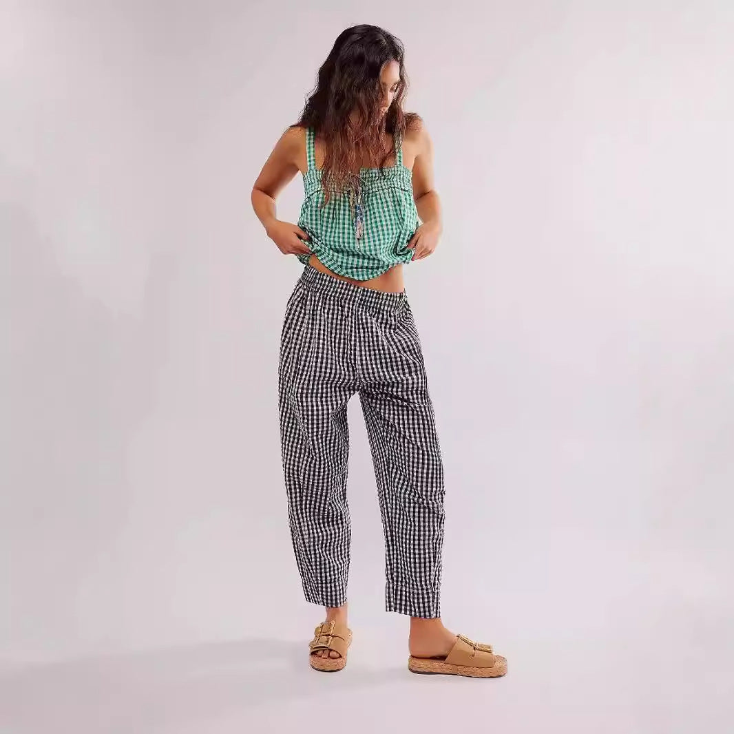 Women's Plaid Straight Leg Pants Women's Thin High Pants