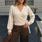 Autumn Winter Knitted Top Irregular Asymmetric Short V neck Lace up Waist Controlled Long Sleeve Sweater for Women