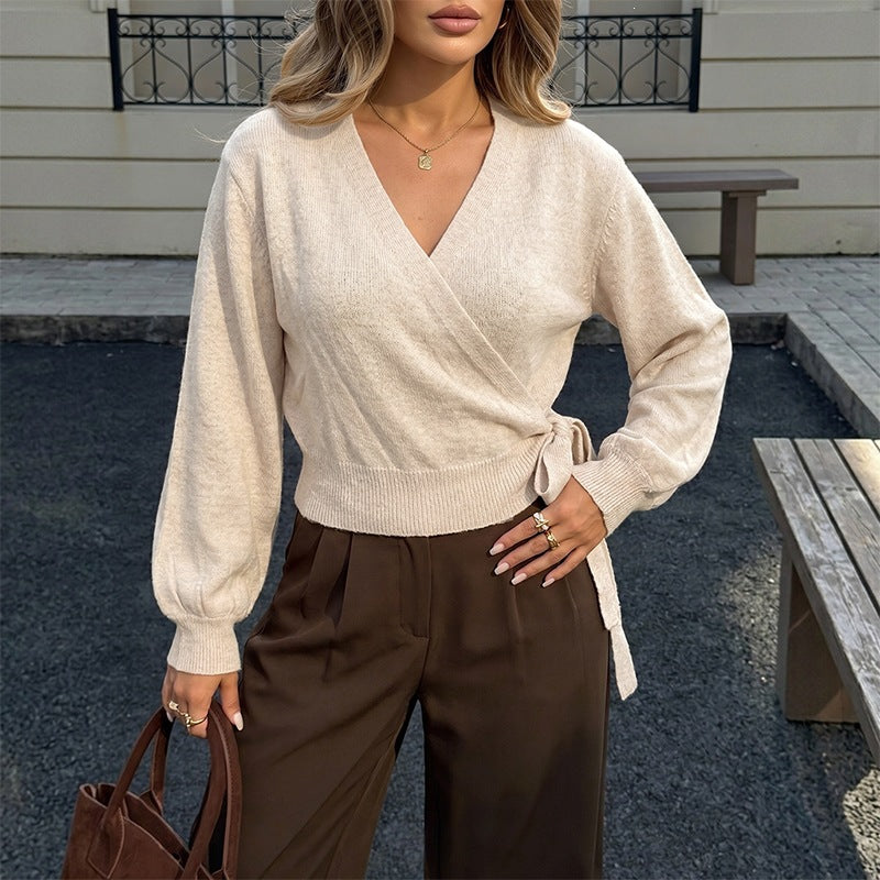 Autumn Winter Knitted Top Irregular Asymmetric Short V neck Lace up Waist Controlled Long Sleeve Sweater for Women
