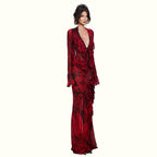 Spring Women Retro Lace Bell Sleeve Sexy Deep V Plunge neck Micro Transparent High Slit Skirt Set