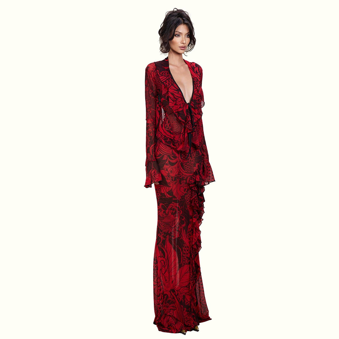 Spring Women Retro Lace Bell Sleeve Sexy Deep V Plunge neck Micro Transparent High Slit Skirt Set
