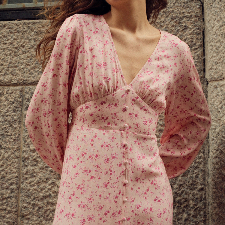 Floral V-Neck High-Waist Slit Maxi Dress