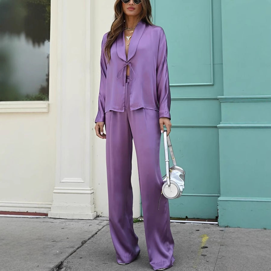 Solid-Color Trousers Two-Piece Set