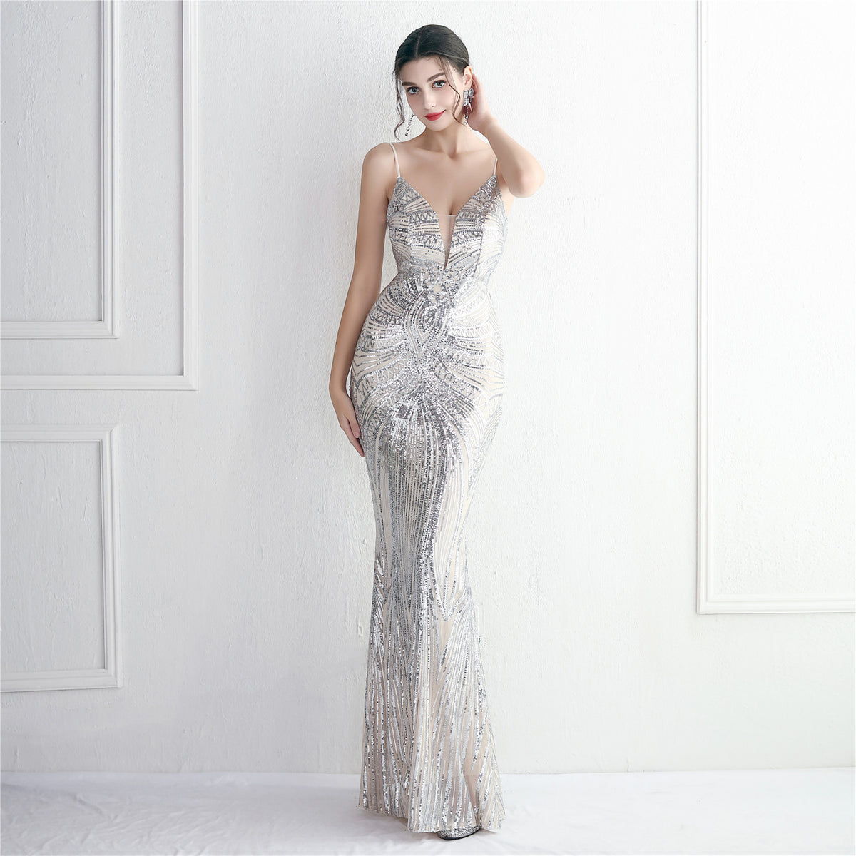 Women's Floral Beaded Strappy Party Sequin Dress Long Cocktail Slim Fit