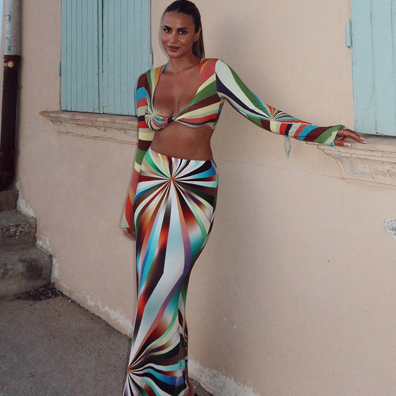's Special Multicolor Wrapped Chest Long Sleeve U Collar Skirt Set