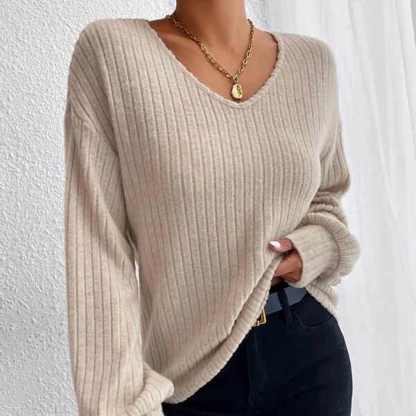 Women's Loose Knitwear V-Neck Drop Shoulder Lantern Sleeve T