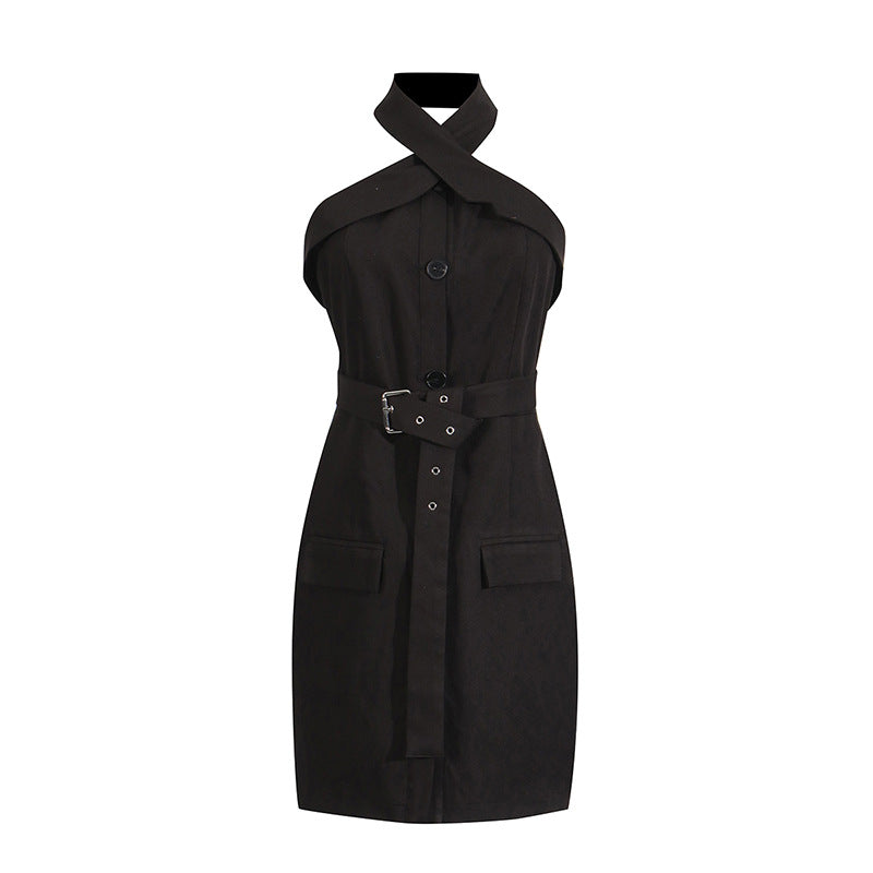 Women's Halter Backless Belted A-Line Mini Dress