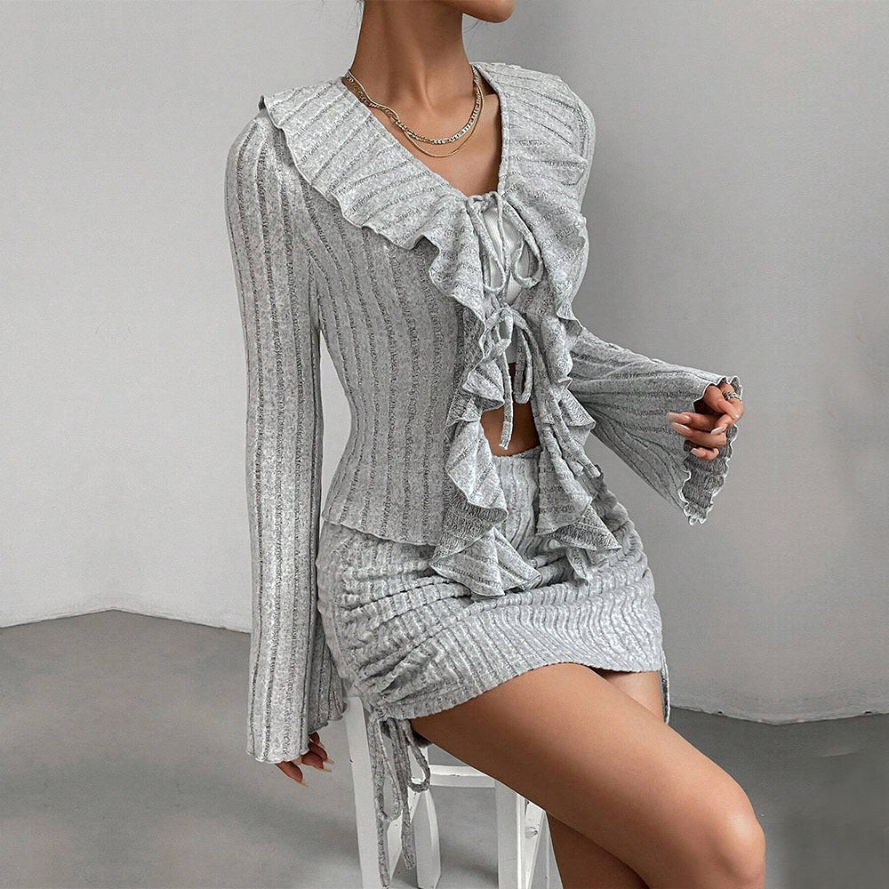 Women Elegant Suit Wooden Ear Slim Fit Two Piece Suit