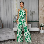Halter Sleeveless Top Printed Belt Jumpsuit