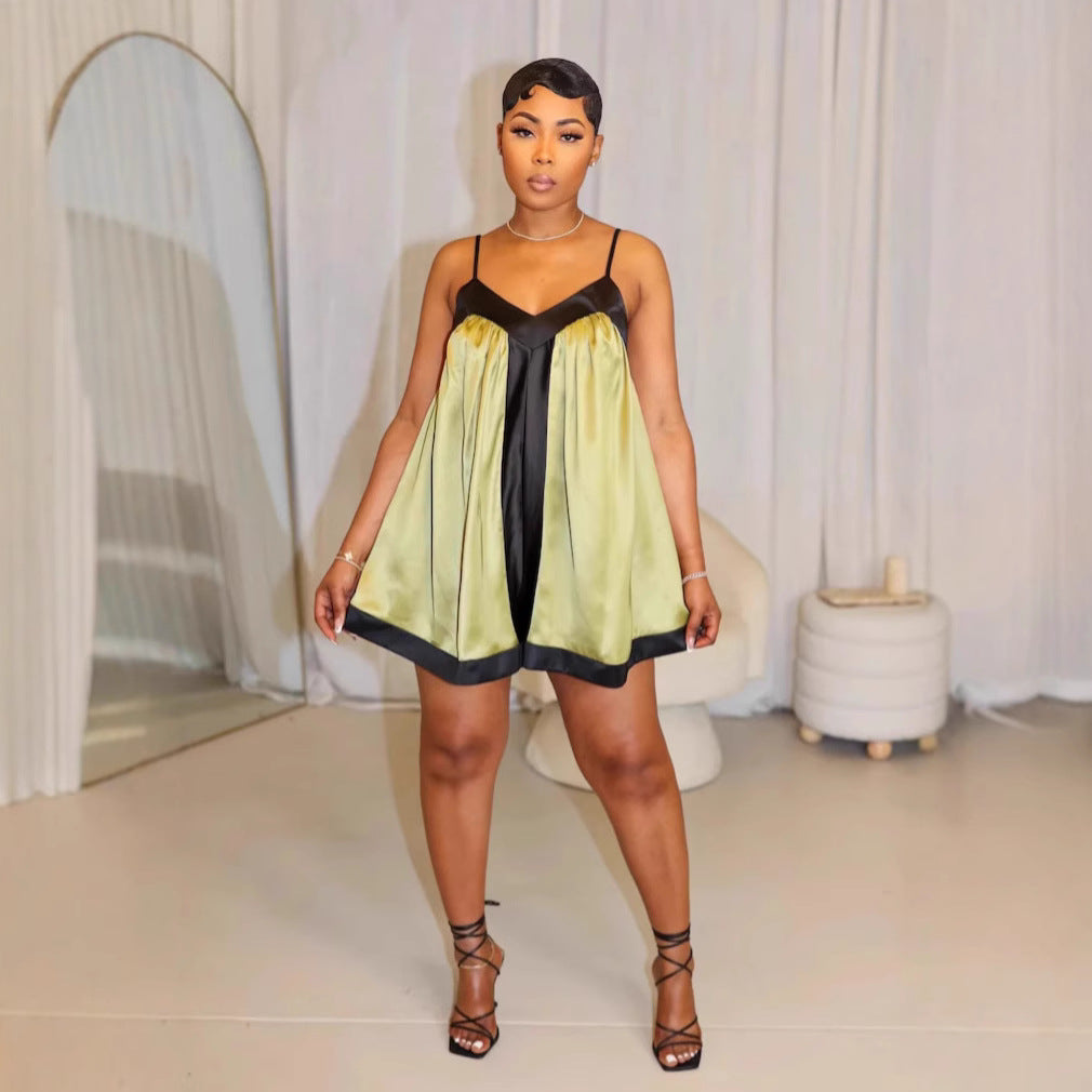 Elegant V-Neck Brace Satin Stitching Contrast Color Sling Dress